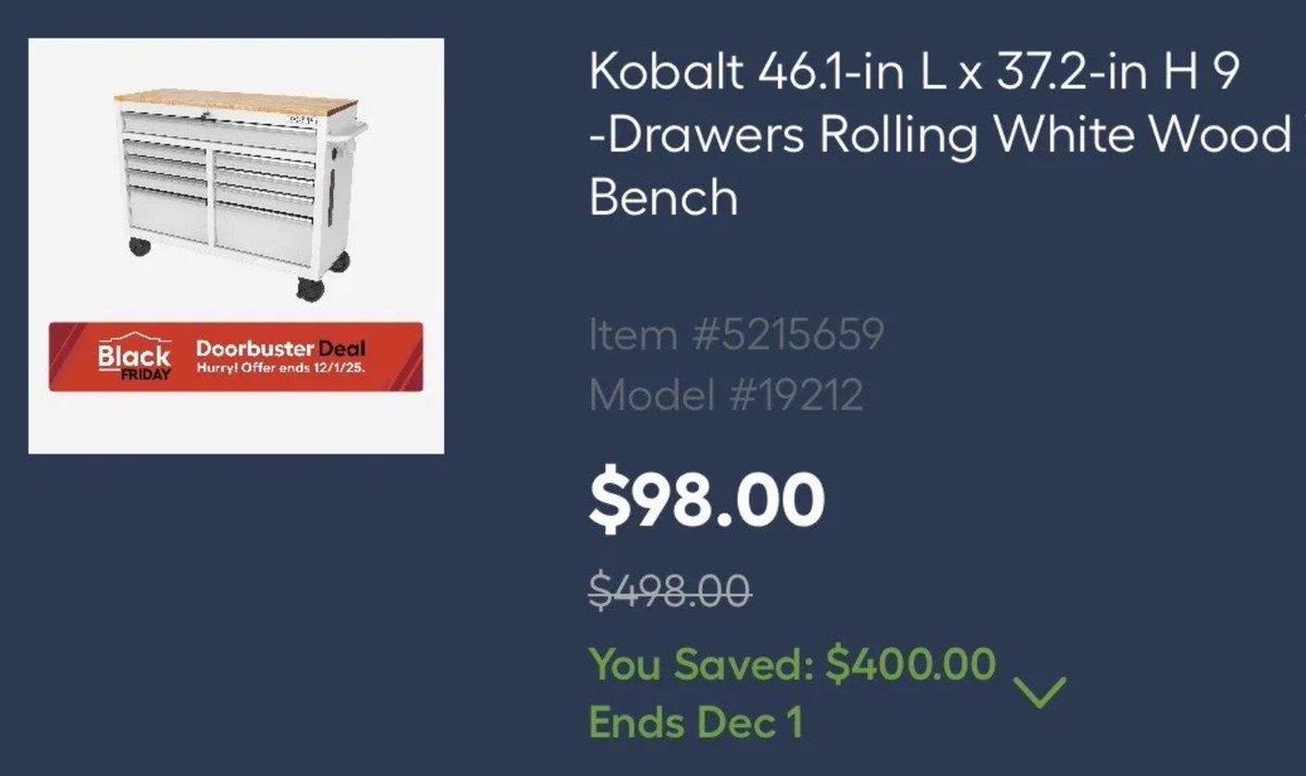 Pricerrors's tweet image. LOWE&apos;S PRICE GLITCH ON KOBALT WORKBENCH

 $98 in cart 

$400 OFF when you log in your Lowe&apos;s account 

lowes.com/pd/Kobalt-46-1…