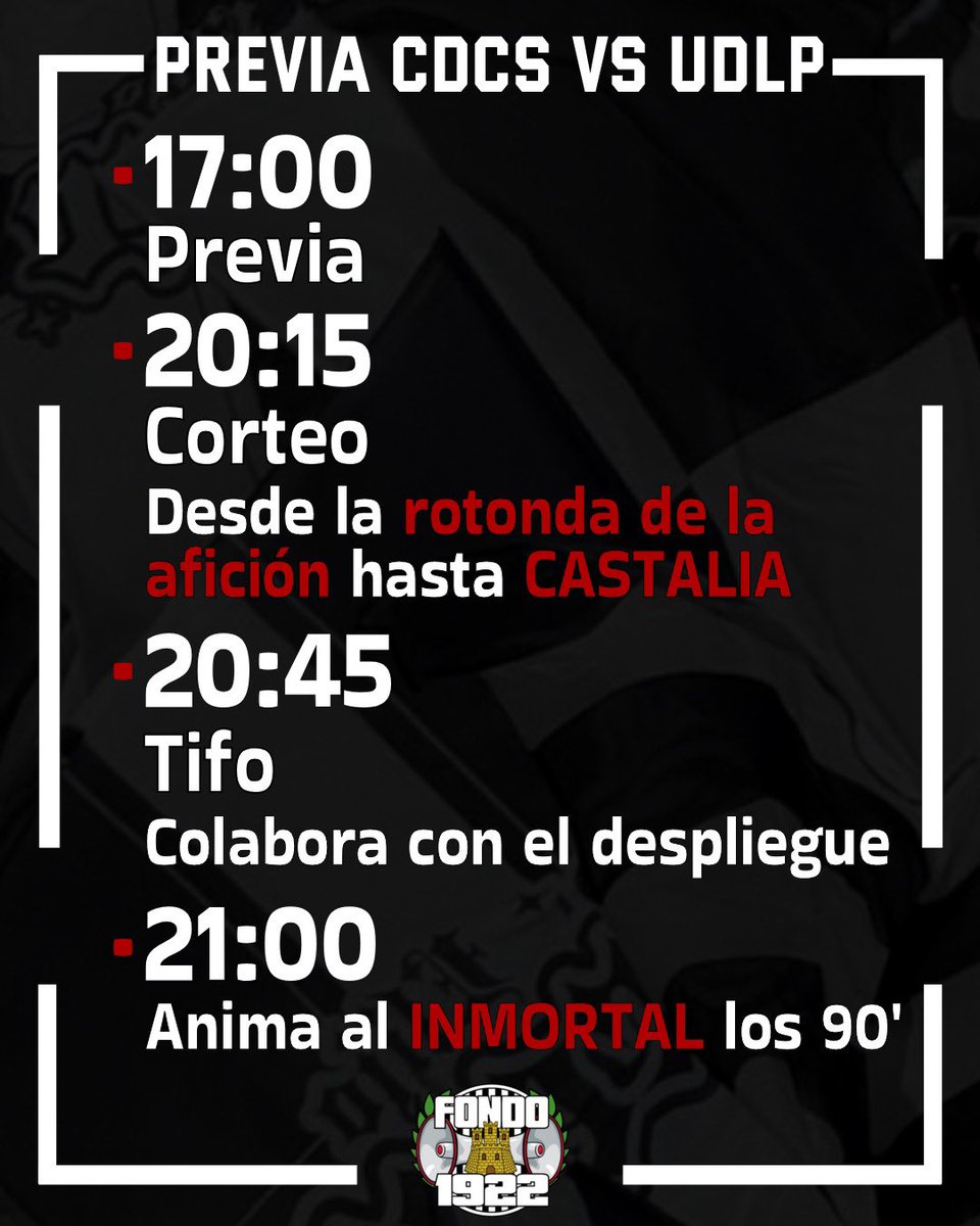 Este domingo, la ilusión empieza a encenderse desde la previa.

🕔 17:00 Previa
📍 20:15 Corteo desde la rotonda de la afición hasta Castalia
🕣 20:45 Tifo, colabora con el despliegue
⚫️⚪️ 21:00 ¡Animamos al INMORTAL los 90’!

¡TODOS A CASTALIA! 💪🏟️