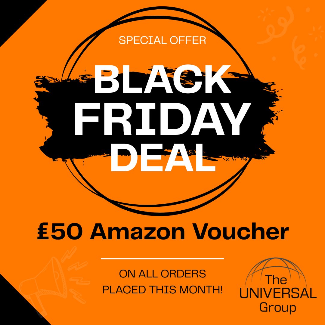 UniversalWebDes's tweet photo. Black Friday just got even bigger with The Universal Group! 

Place any order this month and receive a £50 Amazon voucher, absolutely free! It’s the perfect time to shop, save, and spoil yourself. Don’t miss out! This offer ends soon! 

#BlackFriday #TheUniversalGroup #Amazon https://t.co/x89Rw2CZrq