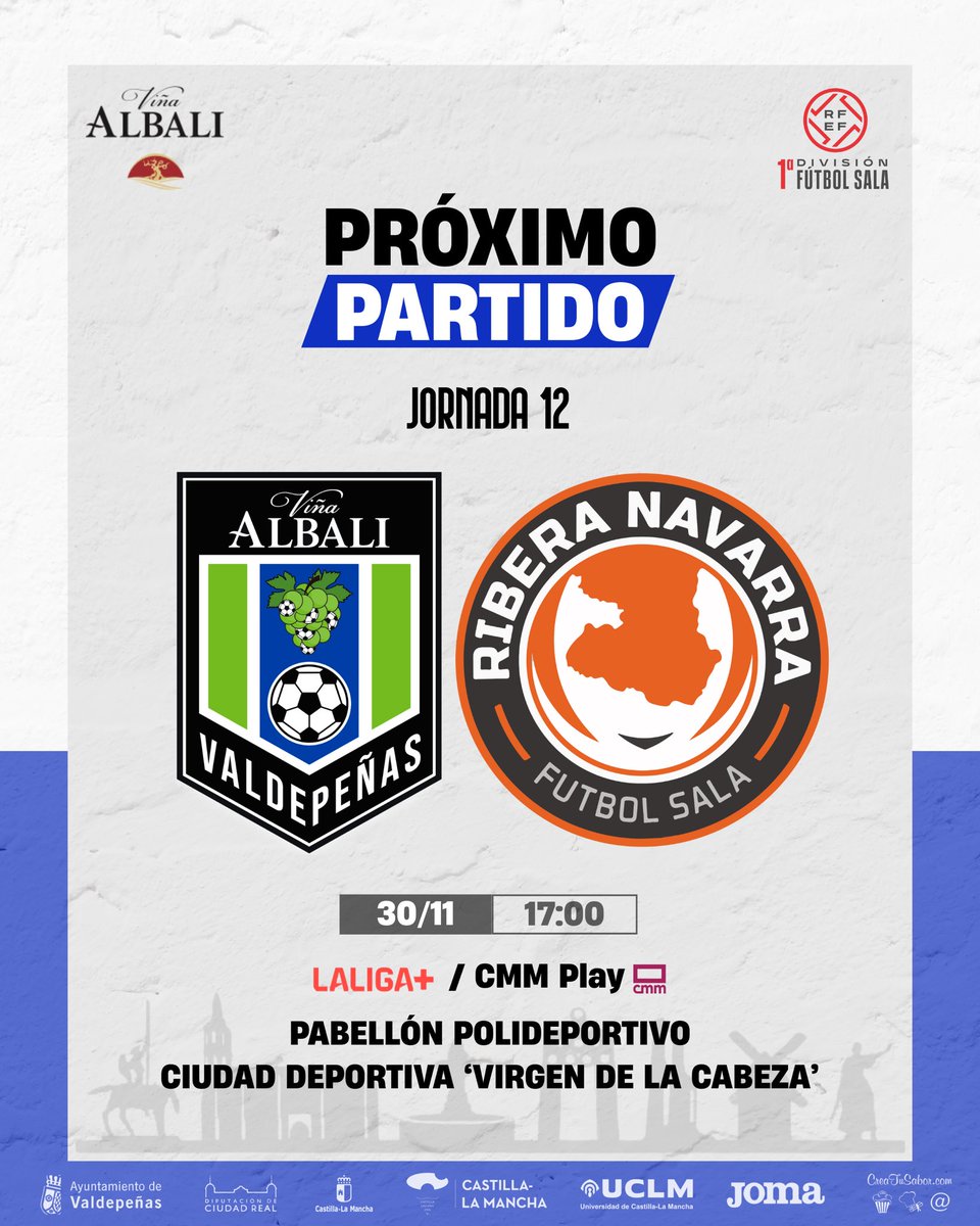 VinaAlbaliFS's tweet image. 𝐒𝐞 𝐚𝐯𝐞𝐜𝐢𝐧𝐚 𝐮𝐧 𝐢𝐦𝐩𝐨𝐫𝐭𝐚𝐧𝐭𝐢́𝐬𝐢𝐦𝐨 𝐩𝐚𝐫𝐭𝐢𝐝𝐨 ⚽🔥

⚔️ Jornada 12
🆚 @RiberaNavarraFS 
🗓️ Domingo 30/11/25
📍 Virgen de la Cabeza 
⏰ 17:00h
📺 @LaLigaPlus @CMM_Play 

#ViñaAlbaliValdepeñas #PrimeraDivisiónFS