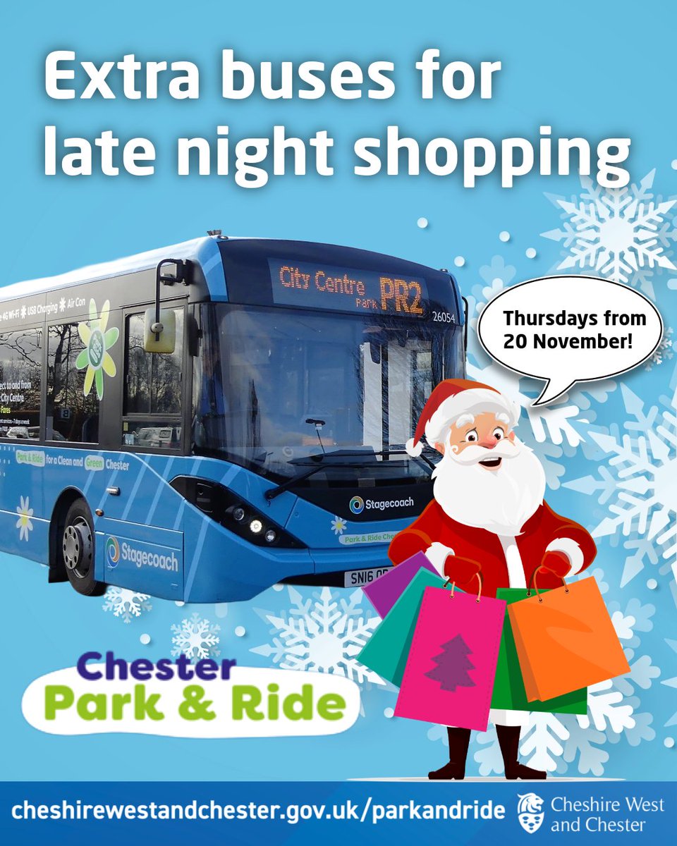🎄 The extended service on the Park &amp; Ride continues tonight - buses will run until 9pm. Perfect for grabbing gifts, soaking up the lights, and enjoying the festive buzz.
🎁 #LateNightShopping 🚌 #ChesterPark&amp;Ride