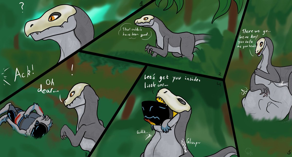 Akira_MomRaptor's tweet image. Look at this Amazing Comic @LeucurusAD did for me! The cheeky Protogen surpised me in the Forest, so I put them in my warm gut to recover and getting well soon again!

Thank you so much! I absolutely love it!