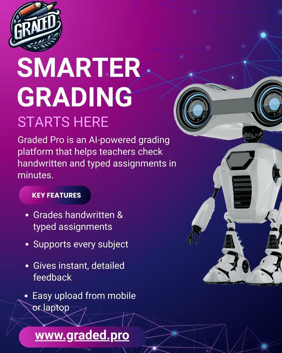 GradedPro's tweet image. Teachers, grading just got 10x smarter! 🤖✨
Upload. Scan. Get instant feedback — in minutes.
👉 Try Graded.pro today!

#AIGrading #EdTechRevolution #SmartTeaching #TeacherSupport #EdTechTools #AIForTeachers #DigitalEducation