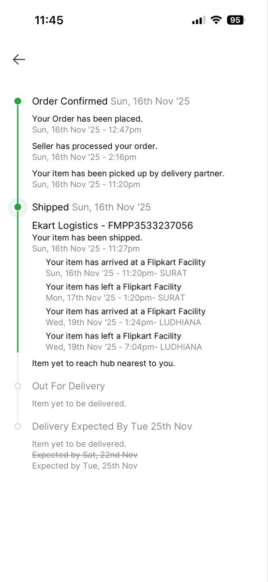 rj_garg's tweet photo. @Flipkart @flipkartsupport can you check this ? No update on whereabouts of this even after 1delay. Today is 27Nov and it still shows order expected till 25Nov. No help option available from the App/Website. https://t.co/9qLMli4fjo