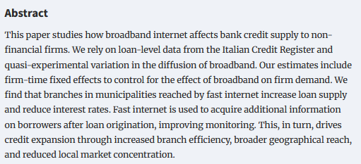Forthcoming article "When Broadband Comes to Banks: Credit Supply, Market Structure, and Information Acquisition" by Angelo D’Andrea <a href="/marco_pelosi/">Marco Pelosi</a> and <a href="/enrico_sette/">Enrico Sette</a>
<a href="/EEANews/">EEA</a> <a href="/OUPAcademic/">Oxford Academic</a>

doi.org/10.1093/jeea/j…