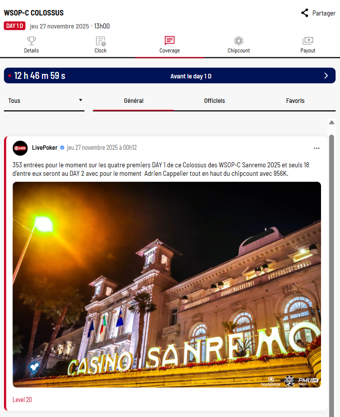 Encore deux DAY 1 pour faire grimper la fréquentation dans le Colossus des WSOP-C Sanremo 2025 !

Regarde le tournoi sur Live-Poker live-poker.com/tournoi.10339.…

#wsop #wsopc #sanremo #colossus