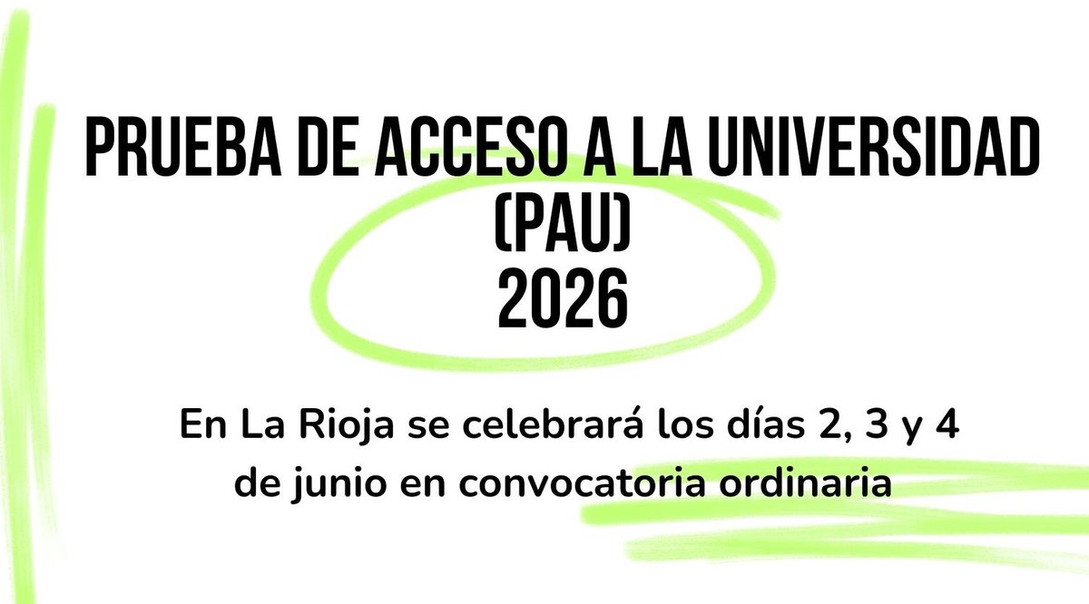 La Prueba de Acceso a la Universidad, la PAU 2026, se celebrará en La Rioja los días 2, 3 y 4 de junio en convocatoria ordinaria. La convocatoria extraordinaria se celebra el 30 de junio, 1 y 2 de julio.
Más información: 
faparioja.org/2025/11/27/pru…