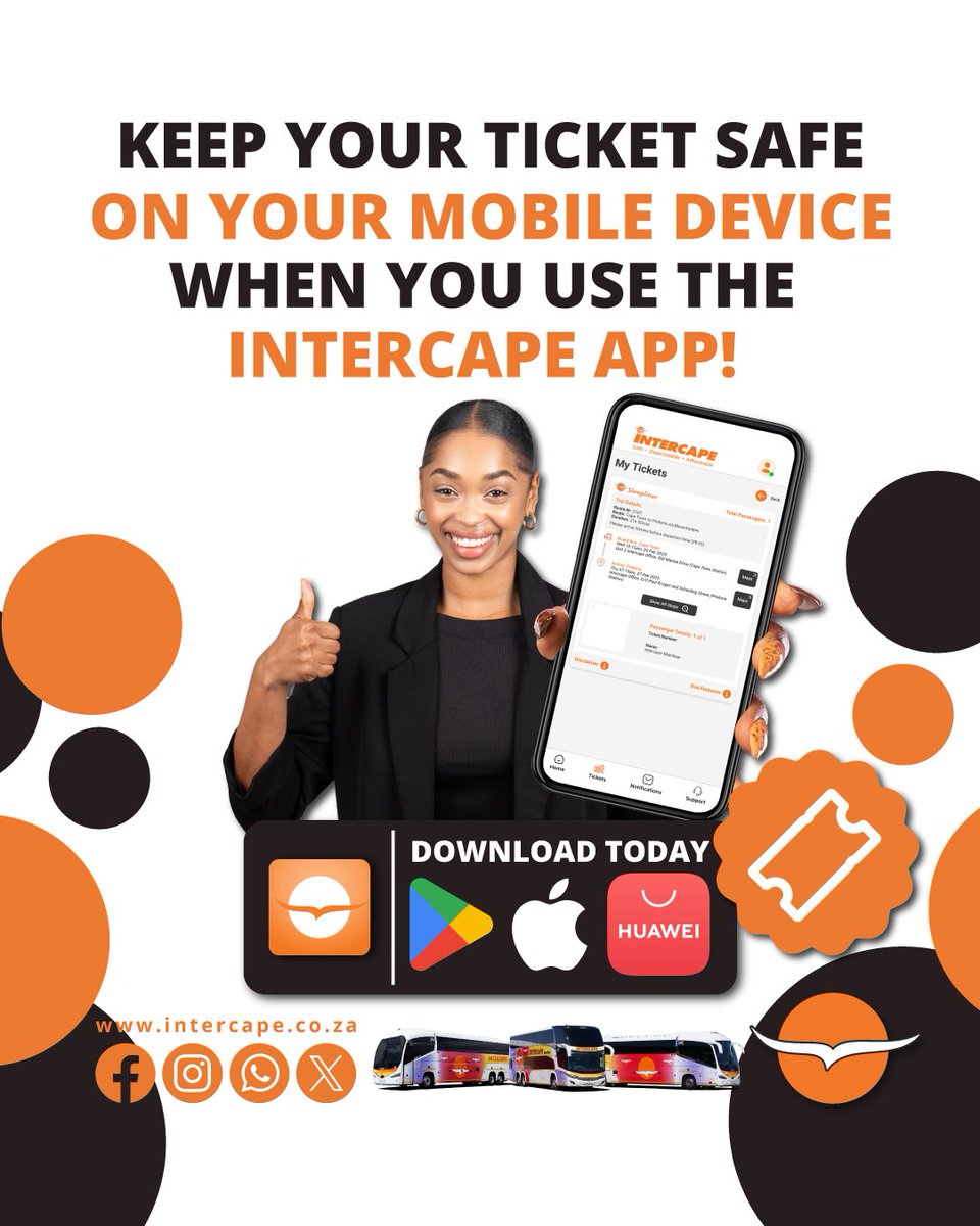 IntercapeBus's tweet image. Keep your ticket safe on your mobile device when you use the Intercape app!

Download the Intercape App TODAY at intercape.co.za/intercape-app/ or on your preferred App Store.

#Intercape #IntercapeApp #DownloadToday #BookNow #TicketSecured