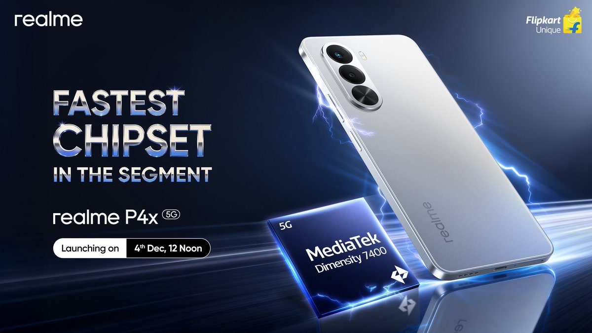 TechvishalVSB's tweet image. Realme P4X 5g Launching On 4th Dec, in India 🇮🇳 

⚡️ Fastest Phone in Segment 
🔢 780+ Antutu Score 
🎮 90FPS Gaming 
🔋 7000mAh + 45W Charging 

#realmeP4X #realmeP4X5g #realmeP4series @realmeIndia