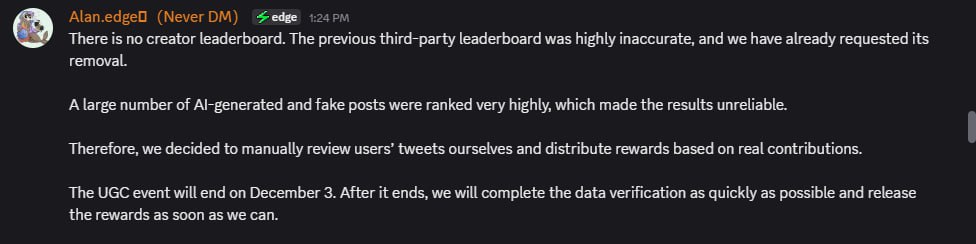 sangng_99's tweet photo. Tin mới về Leaderboard chiến dịch creator của @edgeX_exchange 💚⚡️

Anh em nào thắc mắc vụ bảng xếp hạng mấy hôm nay thì đây là update mới nhất từ team:

🟢Team confirm không có leaderboard chính thức.
Leaderboard từ bên thứ ba trước đó không chính xác, xếp hạng cả đống bài AI/fake lên top nên đã được yêu cầu gỡ.
edgeX sẽ tự review thủ công từng bài và chia thưởng dựa trên đóng góp thật, không dựa vào bot, spam hay tool AI.

🟢UGC/YAP sẽ kết thúc vào ngày 3/12, và sau đó team sẽ xác minh dữ liệu + trả thưởng sớm nhất có thể.

Nói chung là:
👉 Không cần lo điểm ảo
👉 Không cần đua bảng xếp hạng fake
👉 Nội dung thật mới là thứ được tính

Cứ làm nội dung chất lượng là lên tiền anh em nhé 😆🔥💚
edgeX chơi minh bạch là mình luôn yên tâm!
---------
Latest update on the @edgeX_exchange Creator Campaign Leaderboard 💚⚡️

For anyone confused about the leaderboard these past few days, here’s the official update from the team:

🟢 The team confirmed there is no official leaderboard.
The previous third-party leaderboard was inaccurate and ranked a bunch of AI-generated/fake posts at the top, so edgeX requested its removal.
edgeX will manually review every submission and distribute rewards based on real contributions — not bots, not spam, not AI-farm content.
🟢 The UGC/YAP campaign will end on December 3, and after that, the team will verify the data and distribute rewards as soon as possible.
In short:
👉 No need to worry about fake points
👉 No need to chase a broken leaderboard
👉 Real content is what truly counts

Just focus on creating quality posts and you’ll be rewarded 😆🔥💚
edgeX being transparent like this is exactly why I trust them!

#edgeX #edgeXexchange #CreatorCampaign #UGC #Web3 #Crypto #DeFi