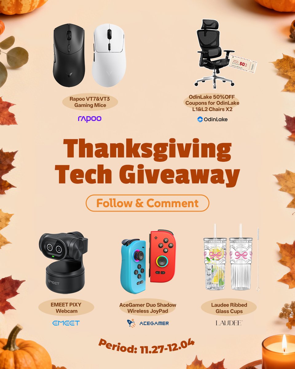 Odin_lake's tweet image. THANKSGIVING TECH GIVEAWAY ✨

We’re giving back to YOU — our supporters! 💖Upgrade your setup and celebrate the season of gratitude.💻🎮

To enter: Follow ✅ Like ❤️ Tag 🏷️ &amp;amp; Share 🔄

🔗Link in bio.
#Giveaway #Thanksgiving #Tech