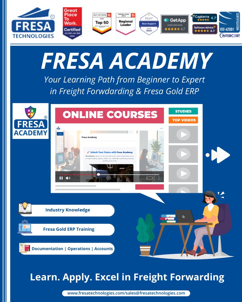 fresatechnology's tweet image. 🌟 Unlock Your Career Growth with Fresa Academy! 

🚀 Start Learning Today:
academy.fresa.group

#FresaAcademy #FresaTechnologies #FreightForwarding #LogisticsTraining #SupplyChainEducation #FreightForwarder #LogisticsProfessionals #ERPTraining #FresaGold