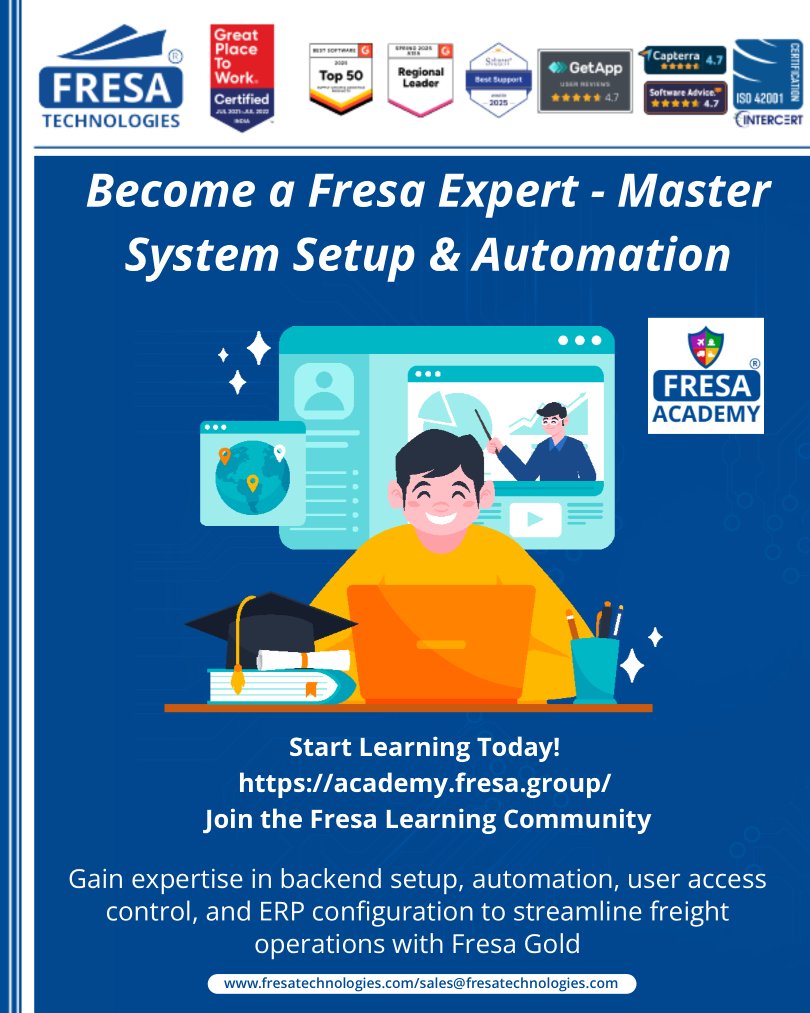 fresatechnology's tweet image. 🌟 Unlock Your Career Growth with Fresa Academy! 

🚀 Start Learning Today:
academy.fresa.group

#FresaAcademy #FresaTechnologies #FreightForwarding #LogisticsTraining #SupplyChainEducation #FreightForwarder #LogisticsProfessionals #ERPTraining #FresaGold