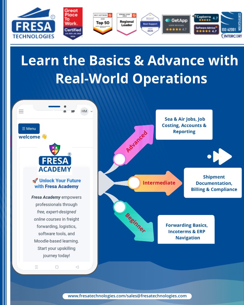fresatechnology's tweet image. 🌟 Unlock Your Career Growth with Fresa Academy! 

🚀 Start Learning Today:
academy.fresa.group

#FresaAcademy #FresaTechnologies #FreightForwarding #LogisticsTraining #SupplyChainEducation #FreightForwarder #LogisticsProfessionals #ERPTraining #FresaGold