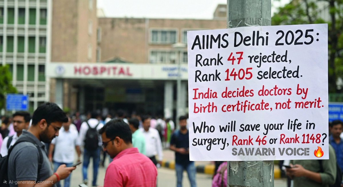 UnreservedMERIT's tweet image. AIIMS Delhi 2025:
Rank 47 👉  Rejected ❌
Rank 1405  👉 Selected ✅

Welcome to a country where birth certificate beats merit, even for doctors.

We’re talking about AIIMS Delhi  -  India’s top medical institute.
A place where the difference between becoming a surgeon or staying…