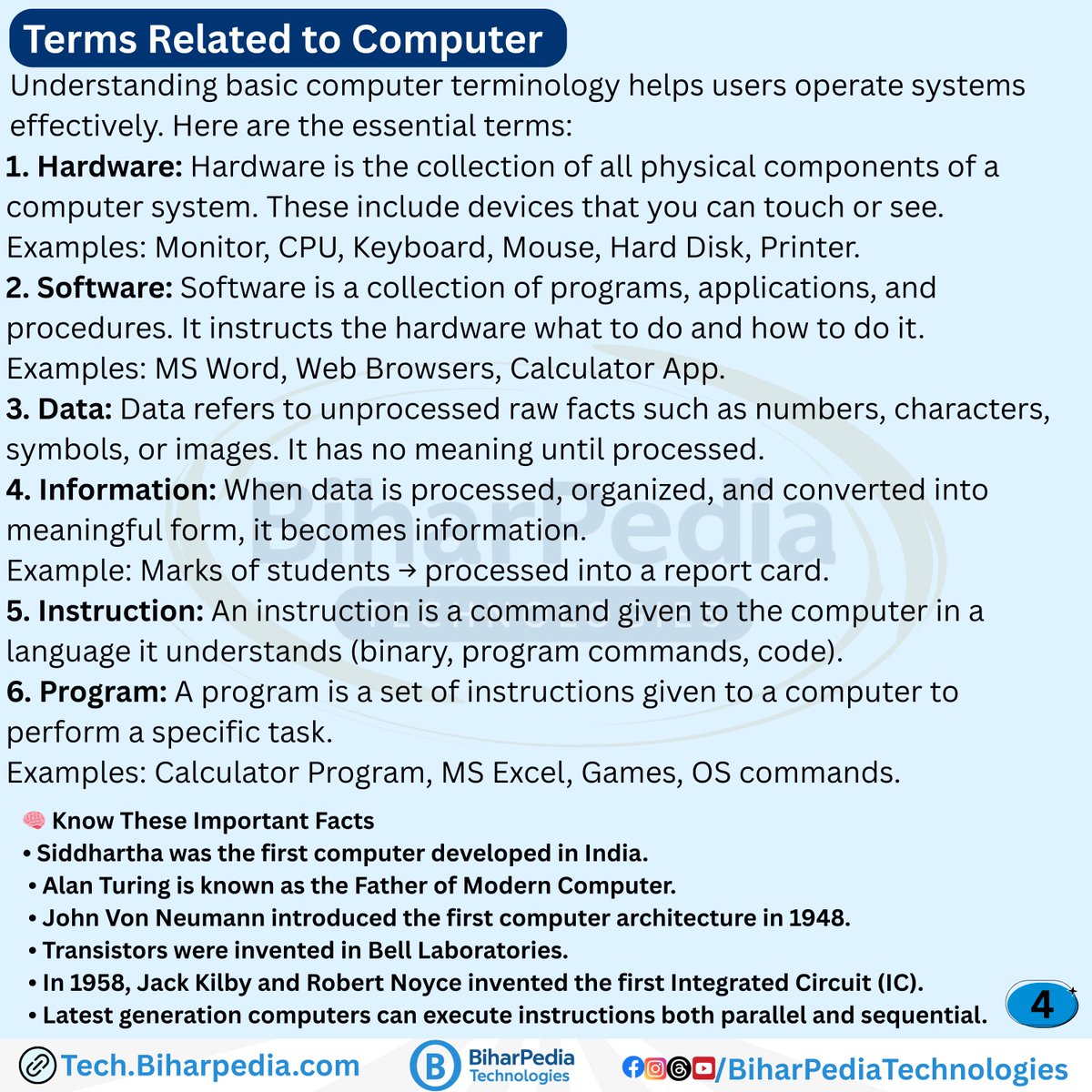 BiharPediaHub's tweet image. ✨ Computer Knowledge: Essential Computer Terminology &amp;amp; Key Facts💡

Learn the core terms that form the foundation of computers 

#ComputerBasics #ITKnowledge #TechFacts #BiharPediaTech #ComputerScience #AlanTuring  #BiharPediaTechnologies #BiharPedia #BiharPediaInstitute