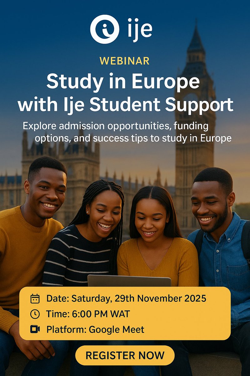 ije_fund's tweet photo. 🌍 Thinking about studying in Europe?
Let Ije Student Support guide you from obtaining admission to visa success!

Join our FREE Live Webinar and get clear, practical insights on:
✨ Choosing the right European country
✨ Understanding admission requirements
✨ Finding scholarships and funding
✨ Visa support and a smooth relocation

📅 Saturday, 29th November 2025
⏰ 6:00 PM WAT
📍 Google Meet

Secure your spot now: https://t.co/d9QEalA4xk

Your international journey is closer than you think — take the first step today!
#studyabroad #studyeurope #ijestudentsupport #internationalstudents #ije #ijefund