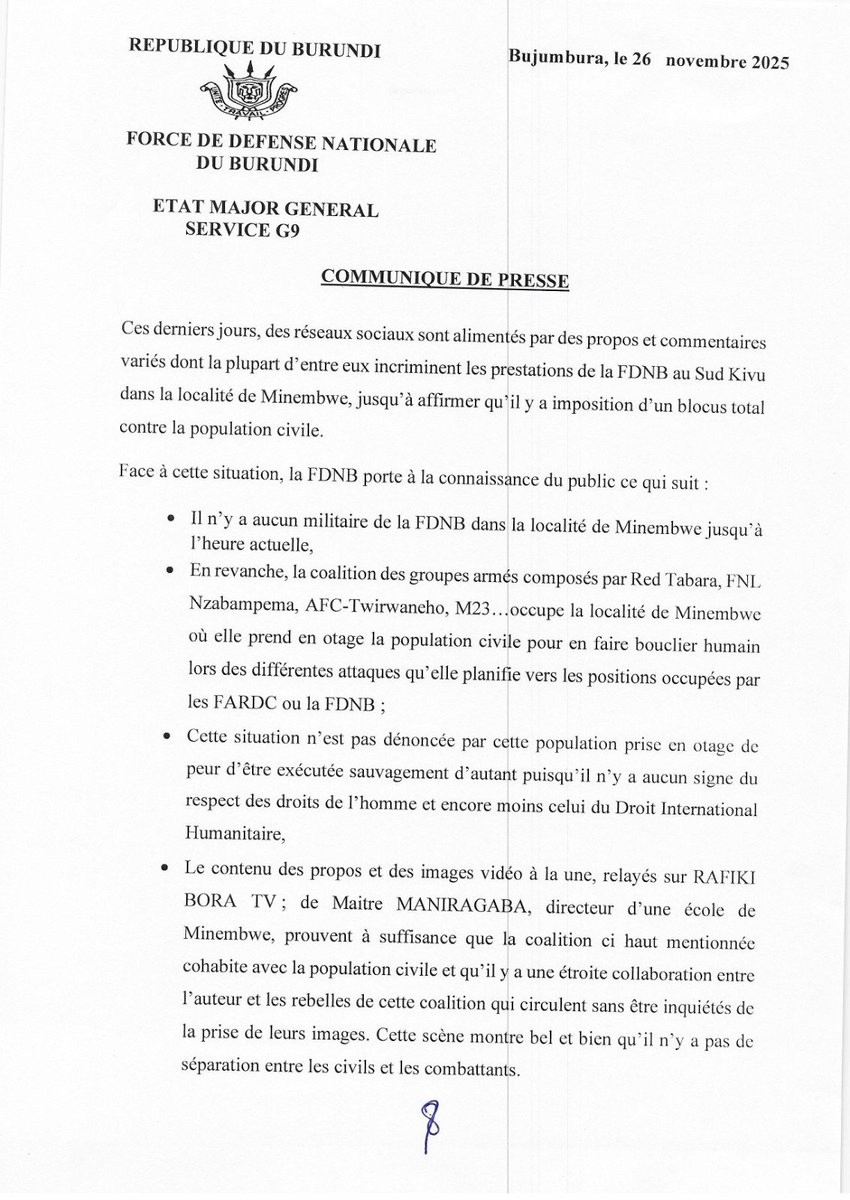 fdnbbi's tweet image. Il n’y a aucun militaire de la @fdnbbi  dans la localité de Minembwe jusqu’à l’heure actuelle. Les propos et commentaires relayés à travers les réseaux sociaux mettant en cause les prestations des militaires burundais déployés en #RDC sont sans fondement.