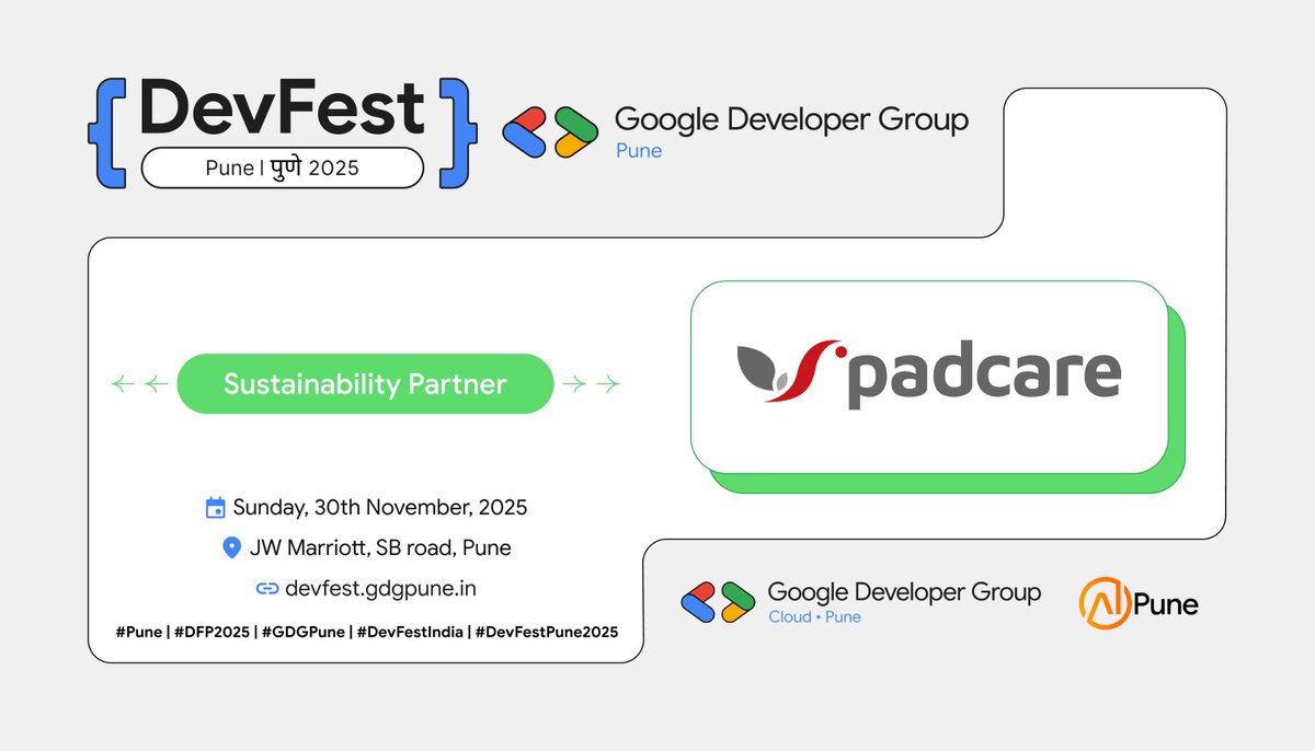 GDGPune's tweet image. ♻️ Proud to welcome PadCare Labs as our Sustainability Partner for #DevFestPune2025 🌍

Together, we&apos;re building a conference experience that’s impactful, responsible, and future-forward.

More at: devfest.gdgpune.in

#DFP2025 #GDGPune