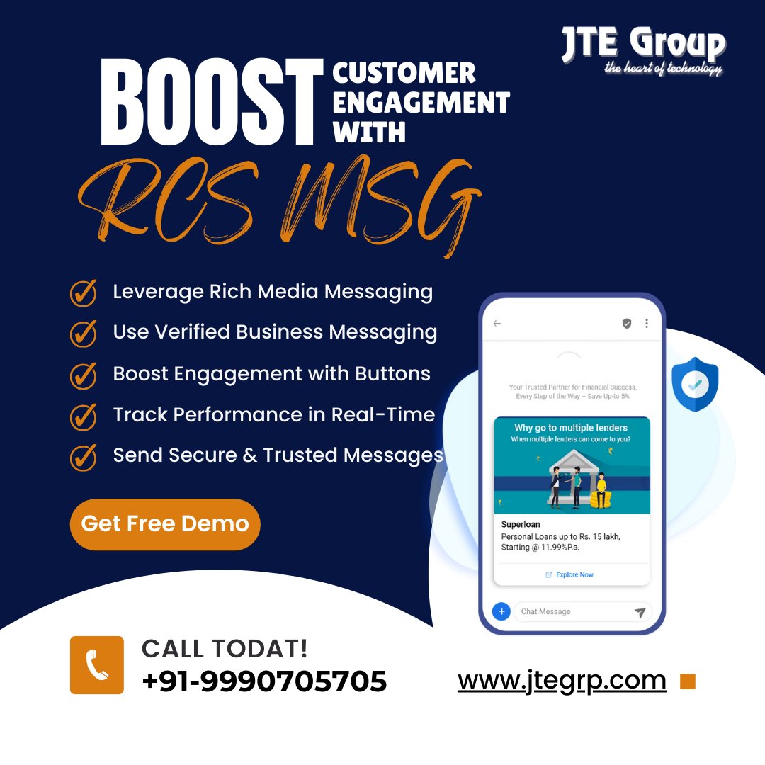 jtegroup's tweet photo. 🚀 Boost Customer Engagement with #RCS_Messaging!
Want to deliver smarter, richer, and more interactive messages to your customers?
:
📲 Ready to elevate your customer experience?
Get a FREE Demo Today!
:
📞 Call At: +91-9990705705
🌐 Visit: https://t.co/61FTqA42FW
:
#RCS #RCSSMS https://t.co/9HvXWdakv8