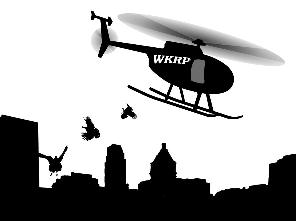 It's that time of year: The annual WKRP turkey drop!

BTW, I recently learned that Mr. Carlson was right. Apparently, turkeys CAN fly, even if they're a little clumsy. So if you look carefully at the graphic, you’ll see them finding their wings and taking flight.