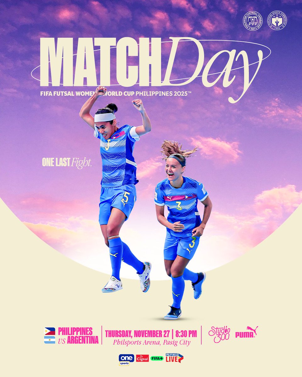 The 𝑓𝑖𝑔ℎ𝑡  is not over!

🇦🇷🆚🇵🇭
📅 November 27, Thursday
⏰ 8:30 pm
🏟️ PhilSports Arena, Pasig City
🎟️ Buy tickets futsalwwc.com/#tickets
📺 OneSports, RPTV, Pilipinas Live, Cignal, FIFA+

#PFF #FutsalWWC #Filipina5 #SamaSama