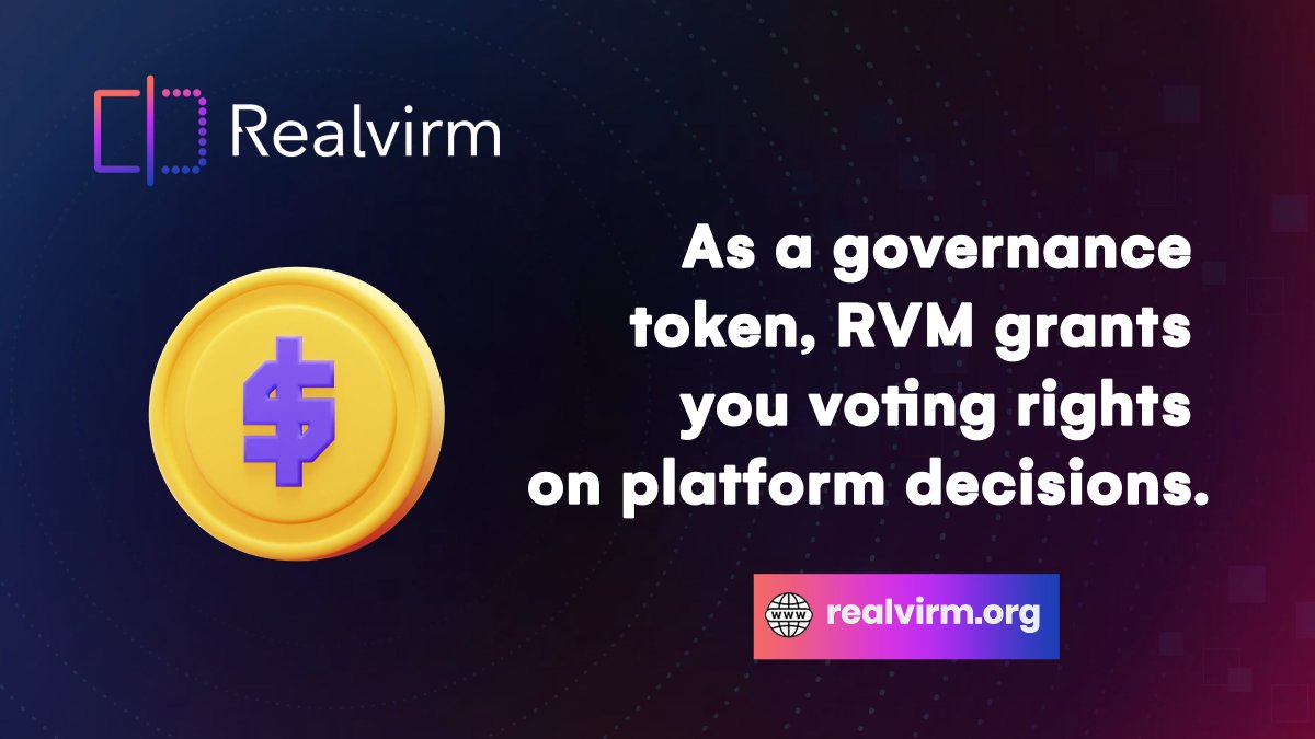Realvirm's tweet image. 💎 Hold $RVM, shape the future!

☀️ As a governance token, #RVM grants you voting rights on platform decisions.

🗳 Plus, earn RVM rewards just by trading on #Realvirm! 1B total supply—be part of the revolution!