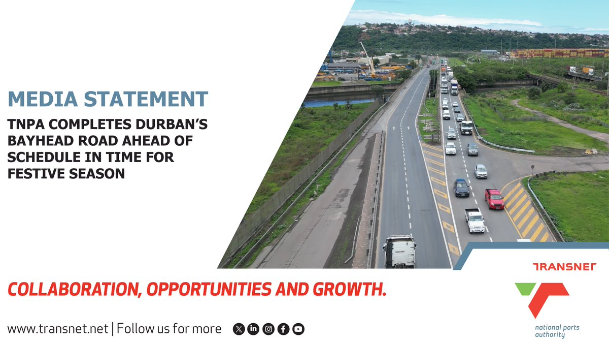 [Media Statement] 

Transnet National Ports Authority has successfully completed the rehabilitation of Bayhead Road at the Port of Durban, a month ahead of schedule. This early project-completion milestone is perfectly timed for the busy festive season and will enable seamless