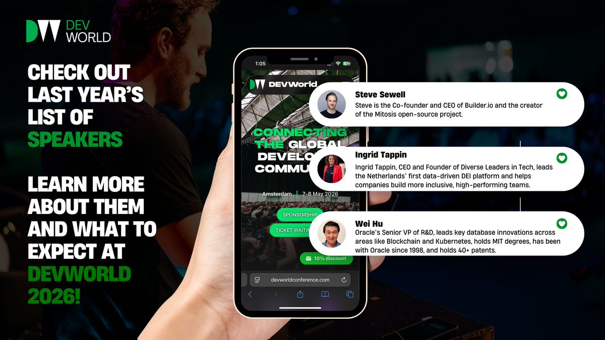 devworld_conf's tweet image. 🚀 Meet the Minds that shaped DevWorld! Past speakers: Steve Sewell Buider.io, Ingrid Tappin (Diverse Leaders in Tech/DEI), &amp;amp; Wei Hu (Oracle SVP, Blockchain/Kubernetes).

DevWorld isn&apos;t just inspiration—it&apos;s tangible growth. Teams learn from leaders, explore…