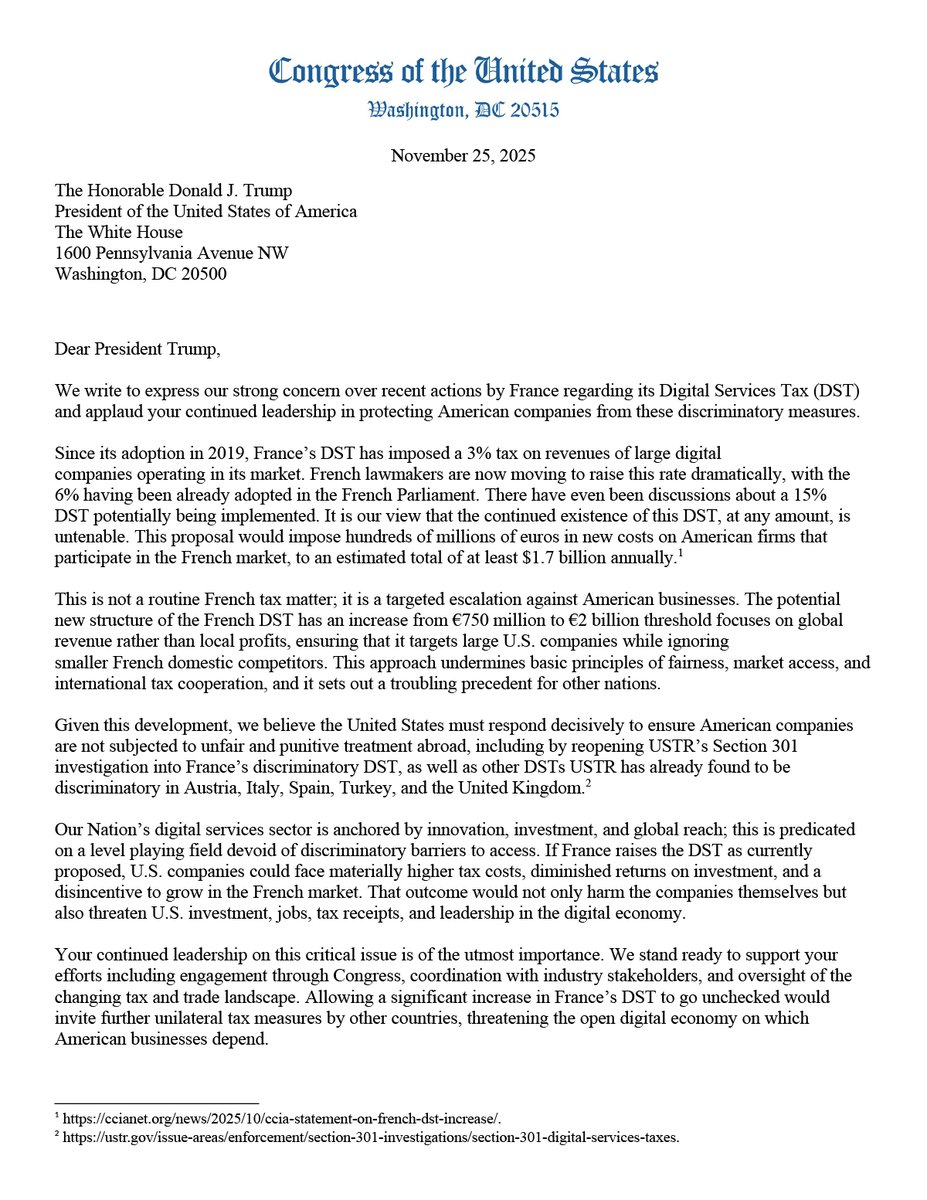 RepRonEstes's tweet photo. France continues to pursue a discriminatory tax that unfairly targets U.S. innovators – hoping to collect American tax dollars for their own treasuries. Kansans shouldn’t be held responsible for filling France’s budgetary gaps, and the United States should have tax sovereignty. I led a letter with my colleagues to President Trump outlining the issues and solutions to protect U.S. taxpayers.