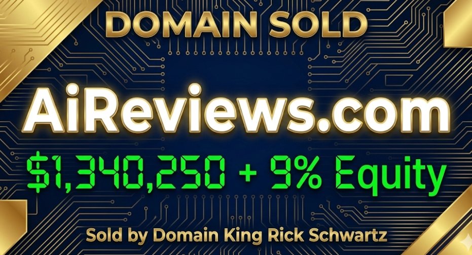 AiReviews•com sold for a staggering $1,340,250 + 9% equity! 🤯 Rick Schwartz <a href="/DomainKing/">RickSchwartz.com 👑 Domain King® 👑 Since 1995</a> turned a mere $480 purchase into a miraculous ROI with this LTO deal. The "King of Domains" strikes again! 👑 ❌This is not my sale #DomainSale #AiReviews #DomainKing #LTO #AI