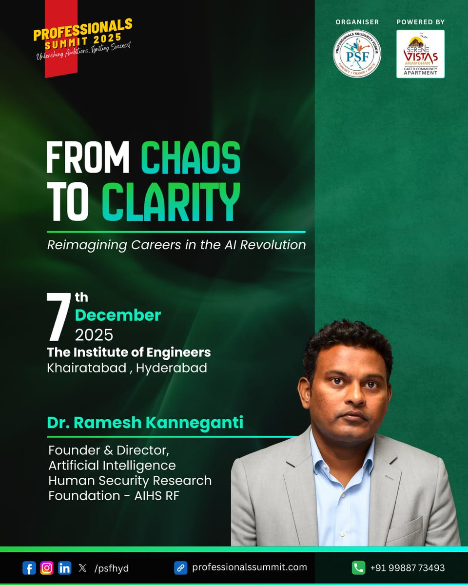 PSFHYD's tweet photo. Breakthroughs happen when someone sees clarity where others see chaos.
Introducing Dr. #RameshKanneganti, Founder &amp; Director, #AIHS RF — joining our panel From Chaos to Clarity.  #ProfessionalsSummit2025 — where clarity turns into momentum.

🎟️ https://t.co/MQt0qWg2w1
#Hyd #psf https://t.co/MvfOWXo65S