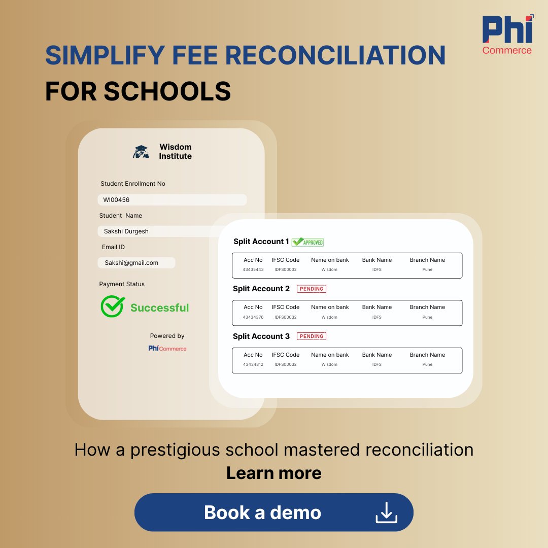 PhiCommerce's tweet image. Schools struggle with split payouts and recon gaps. We fix that with one seamless, automatic flow. 

Book a demo: phicommerce.com/partnerships/

#EdTechIndia #FeeManagement #ERPIntegration #DigitalPayments #GrowWithPhi #PhiCommerce #Omnichannel