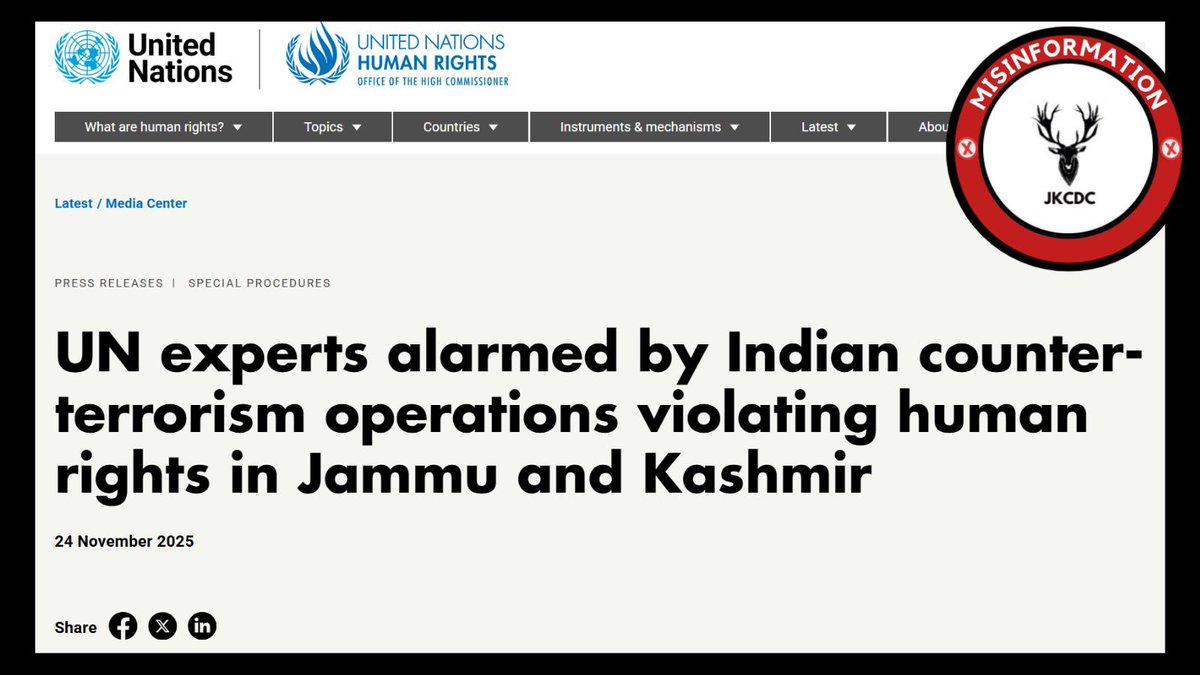 JKCDC_'s tweet image. Fact-Check: Eight UN Special Rapporteurs issued a statement claiming “serious human rights violations” in #Kashmir after the #PahalgamAttack.

These claims are Misleading, factually incorrect, and based on unverified allegations.

Here’s a point-by-point fact-check ⬇️