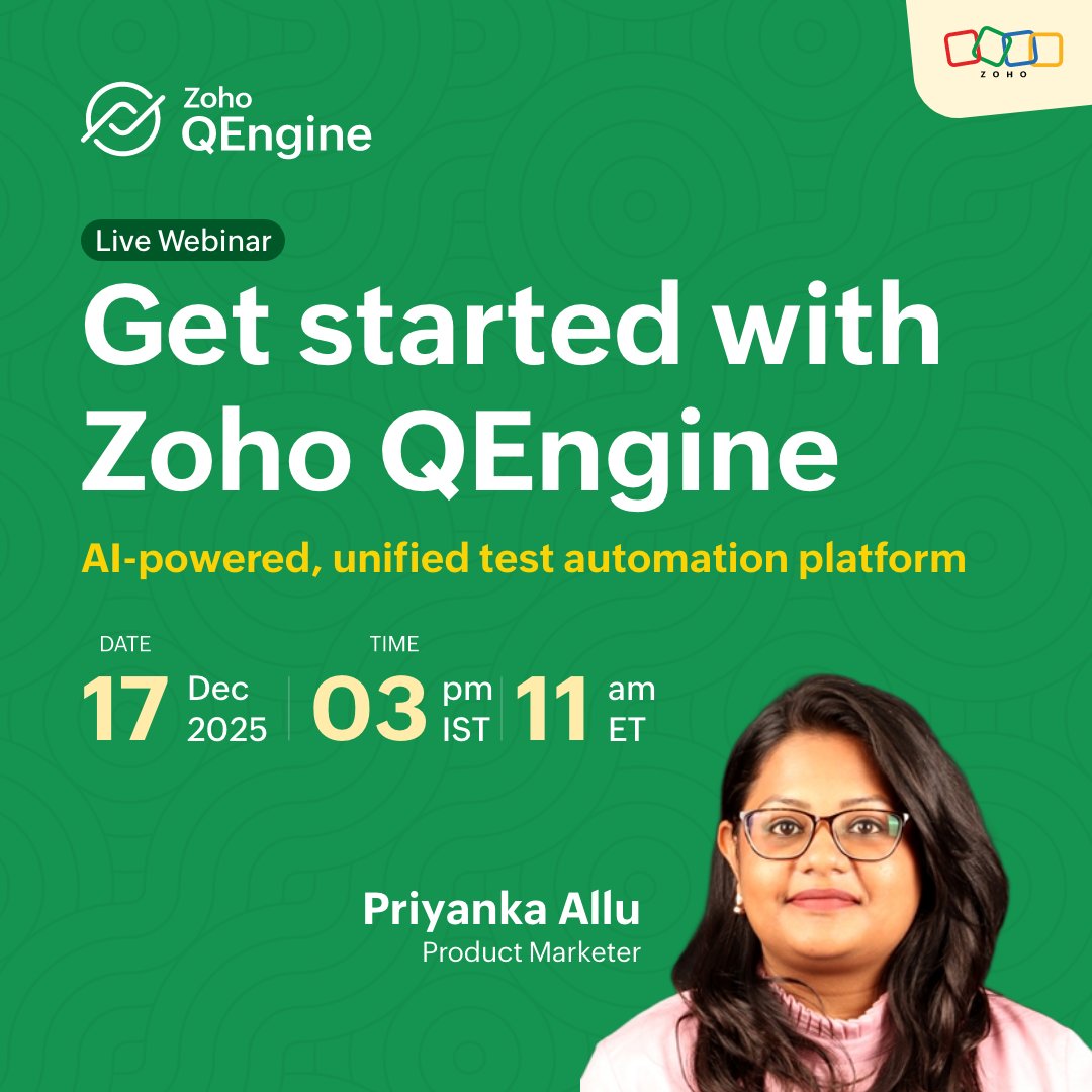 ZohoQEngine's tweet image. Join us for a live demo webinar on December 17, where we’ll walk you through Zoho QEngine’s powerful capabilities and features.

Register now!
3:00 PM (IST) - meeting.zohocorp.com/meeting/regist…
11:00 AM (ET) - meeting.zohocorp.com/meeting/regist…

#ZohoQEngine #TestAutomation #Webinar #Zoho