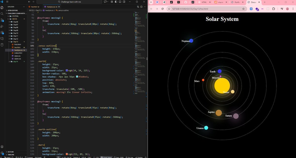 Supawadee21143's tweet image. 📆Day-14: Final chapter of CSS🏆 #CoderArmy
Learned transition &amp;amp; transform, and build a mini-project — animated solar system 🌞🪐

#WebDevelopment #WebDevJourney #LearnInPublic #CSS