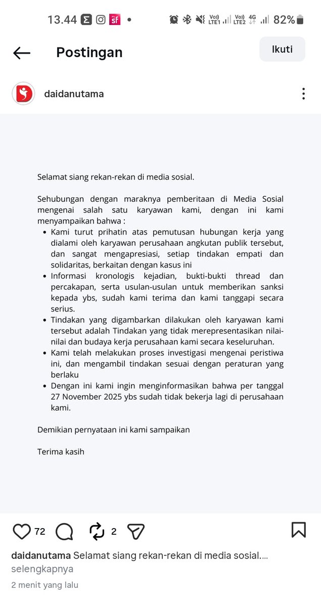 Wow bu anita tumbr tuku 300 ribu udah dipecat...
Di ig kantornya, 2 menit yg lalu