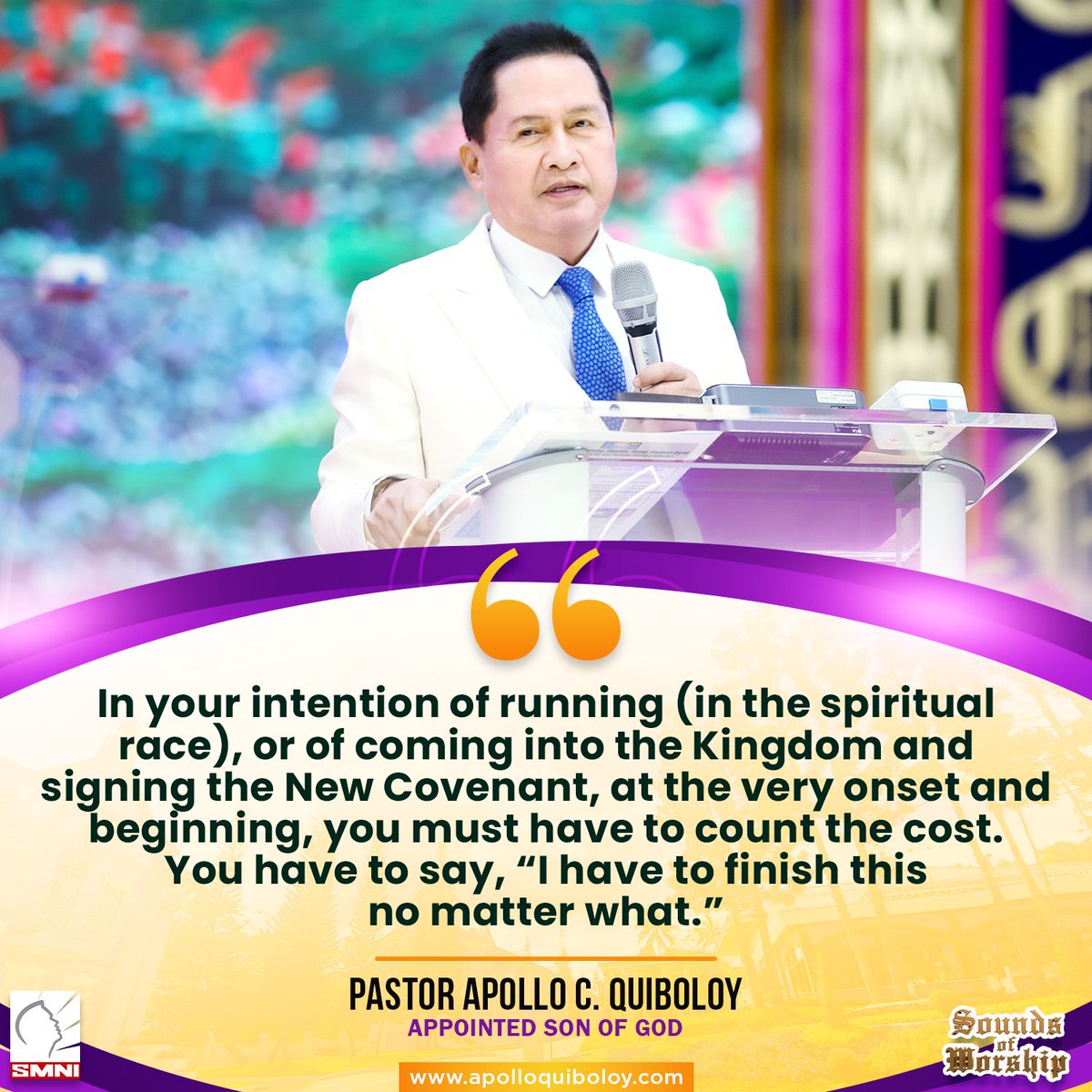 PastorACQ's tweet photo. In your intention of running (in the spiritual race), or in coming into the Kingdom and signing the New Covenant, at the very onset and beginning, you must have to count the cost.

You have to say, “I have to finish this no matter what.”

#ApolloQuiboloy #KingdomofJesusChrist https://t.co/08LdKAypYZ