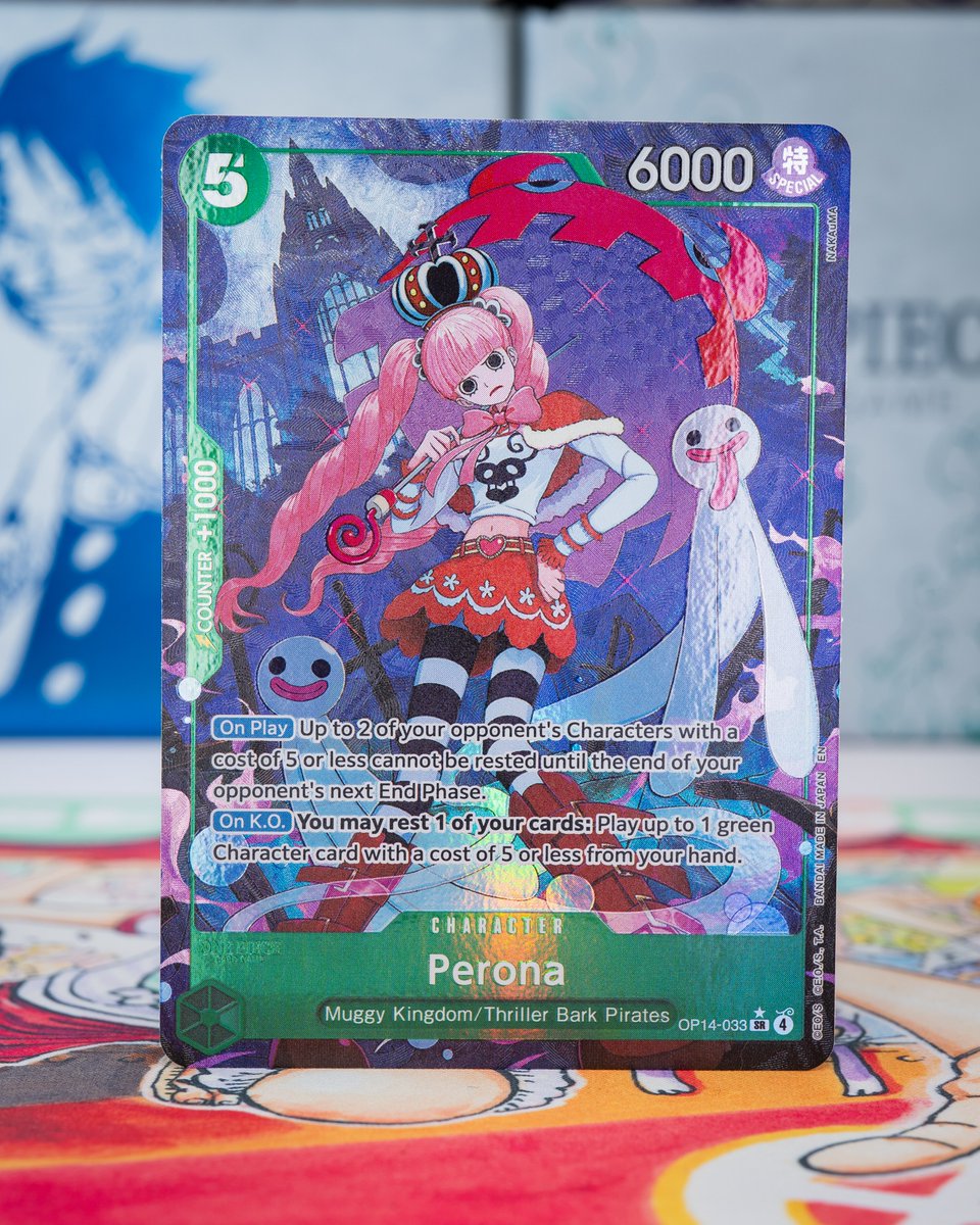 ONEPIECE_tcg_EN's tweet image. OPCG BOOSTER PACK -THE AZURE SEA’S SEVEN- [OP14-EB04] CARD REVEALS:
One Piece Pirates!
This time we want to show off both versions of this new SR Green Character card!
OP14-033 Perona
Will you be including this one in your deck?
Release Date: Jan. 2026
Check out the video on the…