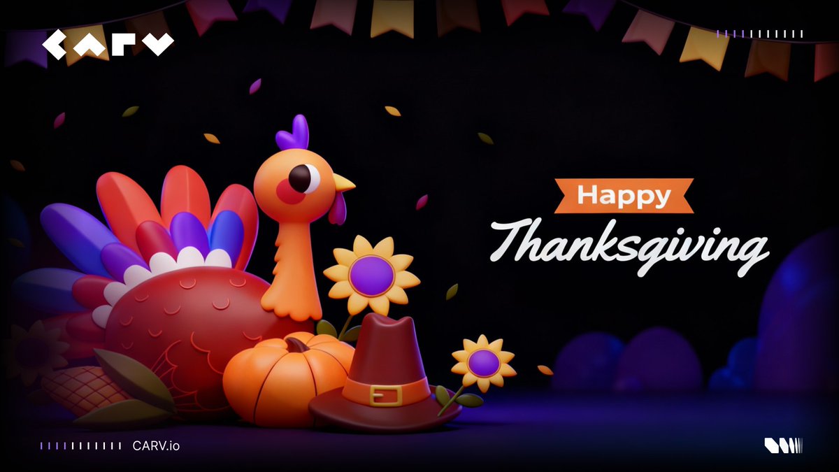 carv_official's tweet image. On this Thanksgiving, we’re grateful for every builder, creator, and community member who’s shaping the future of onchain AI with us.

Thank you for believing in a world where Sovereign AI Beings can learn, grow, and thrive together.

From all of us at CARV, happy Thanksgiving.🦃