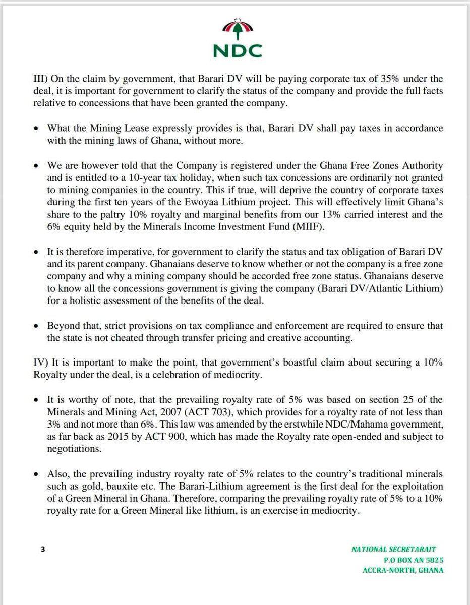 barkervogues's tweet photo. The Lithium deal. 

1. I have taken my time to read over and over again, the statement the NDC issued on the lithium deal just 2 years ago. I have attached it so you can also read it for yourself.

2. Despite its sharp objections while in opposition, the NDC has now adopted fiscal and regulatory terms for Ghana’s lithium that mirror, and in some respects weaken, the same features it previously denounced. 

3. In 2023, the party argued that a 10 percent royalty undervalued a strategic green mineral and insisted on stronger value-addition and firmer national control of the value chain. 

4. The new arrangement settles on a 5 percent royalty and retains many of the structural gaps the NDC itself highlighted. This shift reflects a broader governance issue that this Country has to recover from or we doomed for generations to come. Parties campaign on principled positions but often revert to the same constrained policy choices once in office.

5. The core problem is that both the earlier deal and the revised version fail to position Ghana to maximise long-term value. The royalty structure remains low for a mineral of rising global importance. 

6. Local processing commitments are non-mandatory, risking a repeat of the raw-export model. Fiscal safeguards against transfer pricing and long-term revenue leakage remain weak. And the broader legal framework still treats lithium like any bulk mineral.

7. At this point, I am beginning to see signs that concern me. The NDC is failing itself to principles it set for itself. We have seen disturbing reversal of positions on no post retirement contract extensions; on protection of religious minorities in schools and now this. 

8. It is only 11 months in. Only 11 months. A slippery slippery slope. I have seen Governments fail a thousand times in this town. It always starts like this. When lies are treated as casual. Policy positions changed in a way that damage credibility. 

Be careful! Power is arrogant!