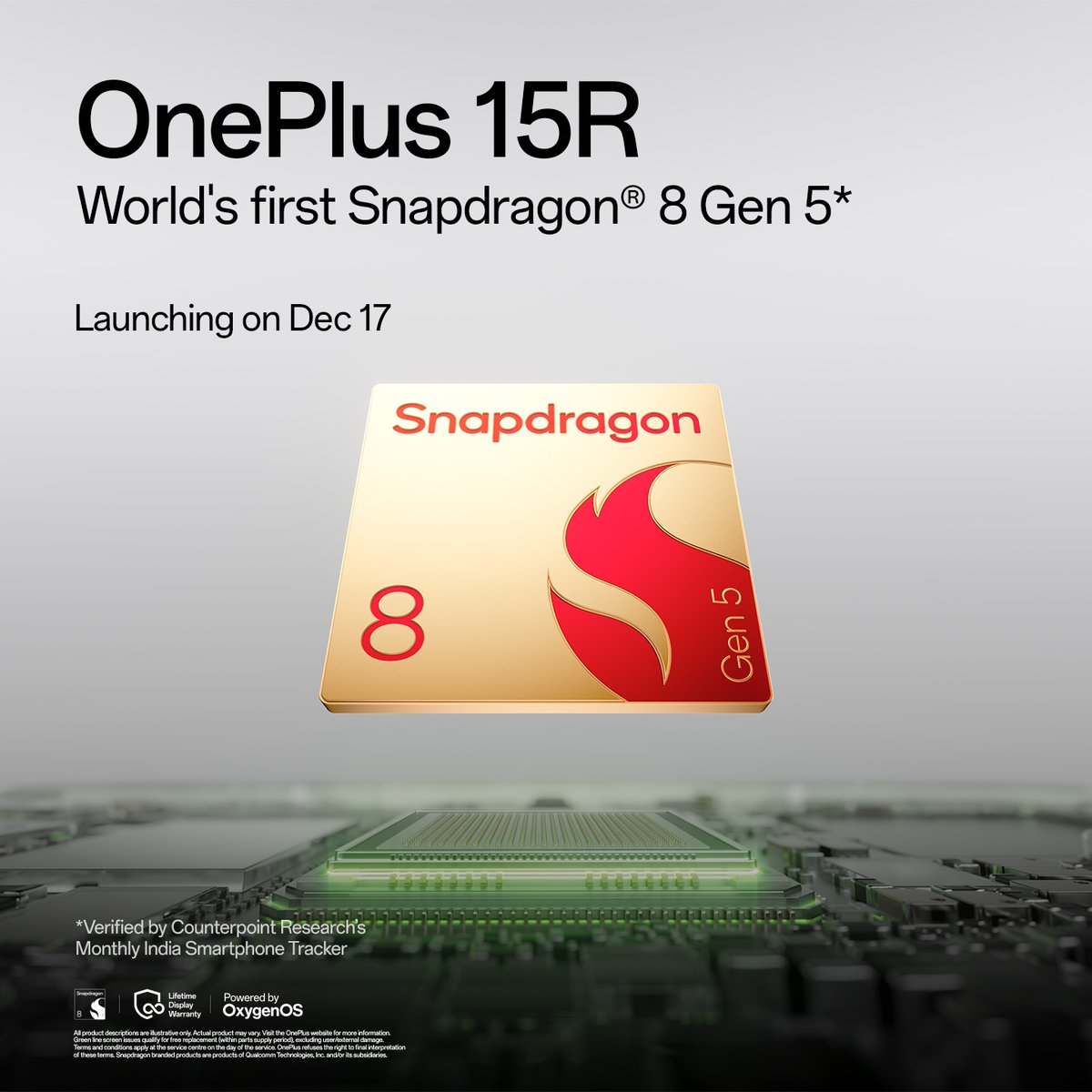 geekabhishek_'s tweet image. OnePlus 15R is the world’s first phone with Snapdragon 8 Gen 5, co-optimised with Qualcomm for next-level performance.

Launching Dec 17, and it’s easily shaping up to be the ultimate value flagship of the year.

Expect serious gains:
⚡ 36% CPU jump
⚡ 11% GPU bump
⚡ 46% AI…