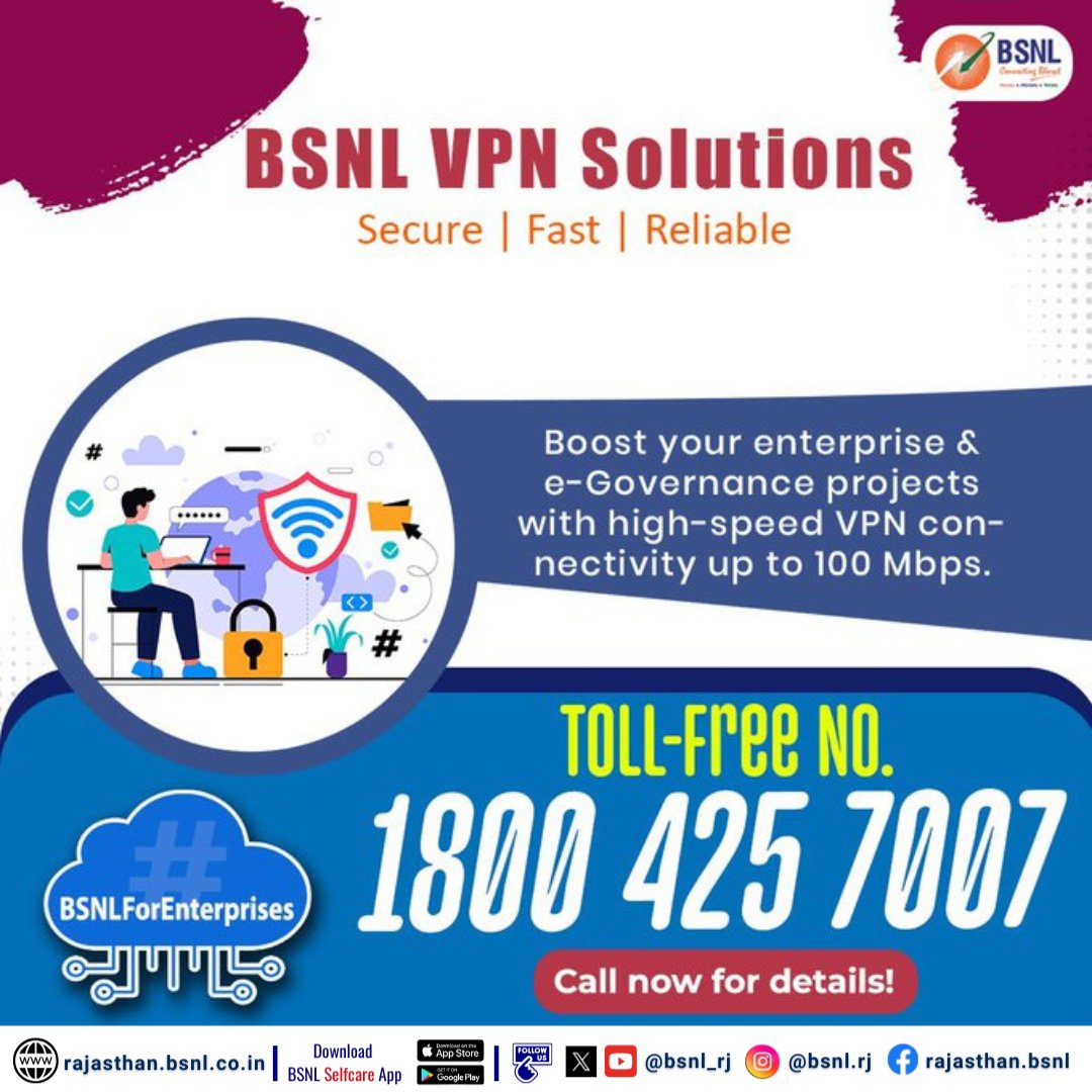 BSNL_RJ's tweet image. Secure, fast, and reliable — Boost your enterprise and e-Governance projects with high-speed VPN up to 100 Mbps.
Need more info? Call us at 1800 425 7007

Check our website for more info: fms.bsnl.in/lcrequest

#VPN #EnterpriseSolutions #BSNLForEnterprises…
