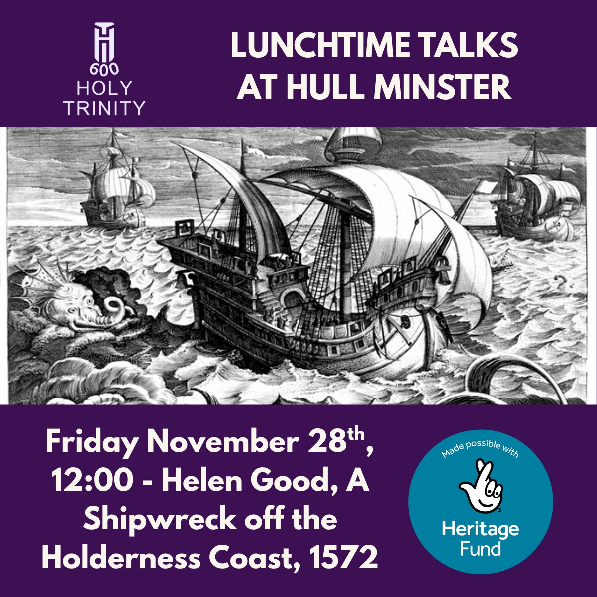 HullMinster's tweet image. ⛵ We've had talks on body snatchers... now it's time for ship snatchers! ⛵

The weird and whacky story of the team that salvaged a wrecked ship off the Holderness Coast in the 1500s takes centre stage in this week's Heritage Talk, hosted by Helen Good.

Talks are FREE entry.