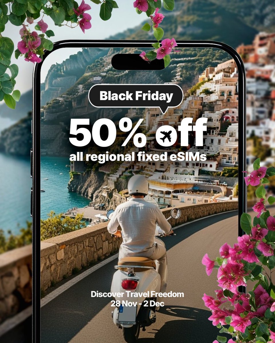 BLACK FRIDAY eSIM SALE ✈️🌍📲
From Black Friday to Travel Tuesday get 50% off KnowRoaming’s fixed regional plans.
KnowRoaming.com/black-friday

Discover travel freedom in:
🪭 Asia
🦁 Africa
⛲️ Europe
🌊 Oceania
🌴 Caribbean
🏞️ Latin America
🗽 North America
🕌 Middle East &amp; North