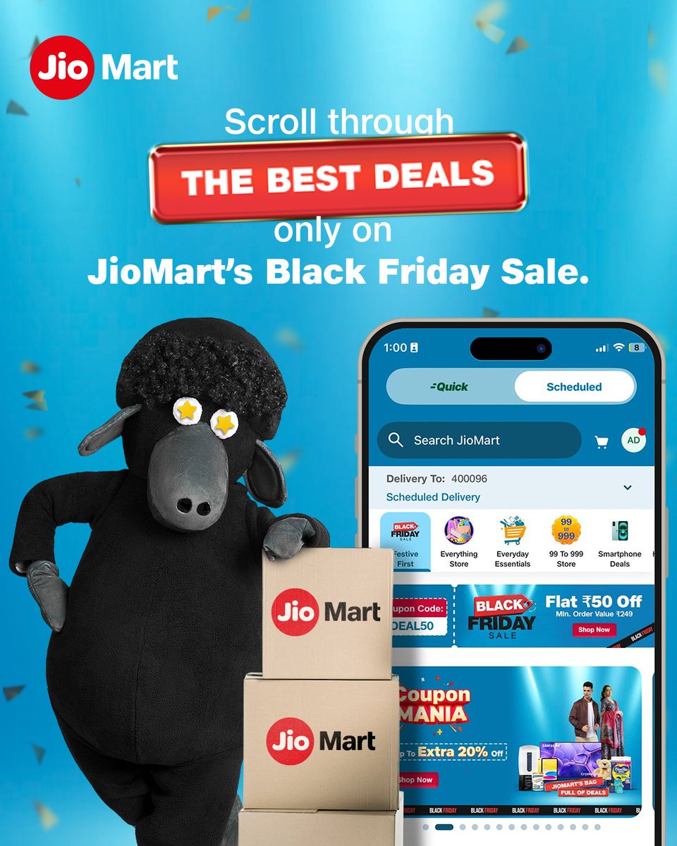 JioMart's tweet image. Big deals. Bigger hype. Black Friday just got better with JioMart. Shop now and get a bag full of deals.

#BlackFridaySale #BagFullOfDeals #BaaBaaBlackSheep