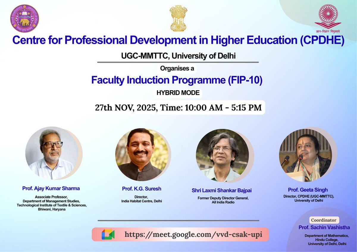 kg_suresh's tweet image. To address online faculty from across the country today on Academic Excellence in Higher Education @ FDP orgd by CPDHE, @Delhiuniversit.
@ugc_india @EduMinOfIndia @dpradhanbjp @mukulkanitkar @ashwani_mahajan @atulkotharissun @AshwiniVaishnaw @SunilAmbekarM @rammadhav_