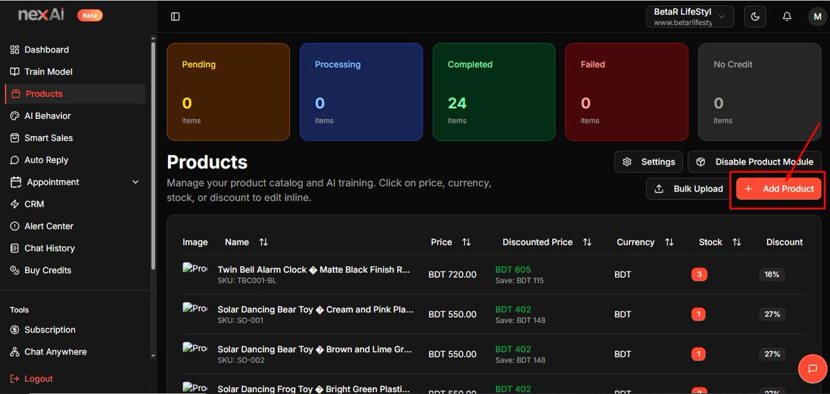 Nexai_chat's tweet image. NexAI’s new product management makes adding, pricing, and tracking products easy. Stock updates automatically, keeping your e-commerce store organized and seamless. Just follow the steps. 
#NexAI #AIChatbot #DigitalBangladesh #ArtificialIntelligence #BusinessAutomation