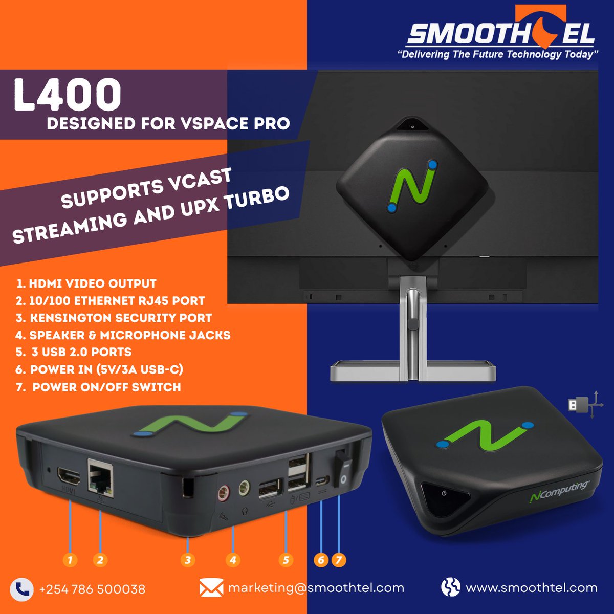 Smoothtel's tweet image. Meet the NComputing L400 - compact, powerful, and designed for modern shared computing. 
#NComputing #ThinClient #SharedComputing #ICTSolutions #TechKenya #DigitalWorkspace #SmartOffice #ITInnovation #CostEffectiveTech #BusinessTech #OfficeEfficiency #VirtualComputing #CloudReady