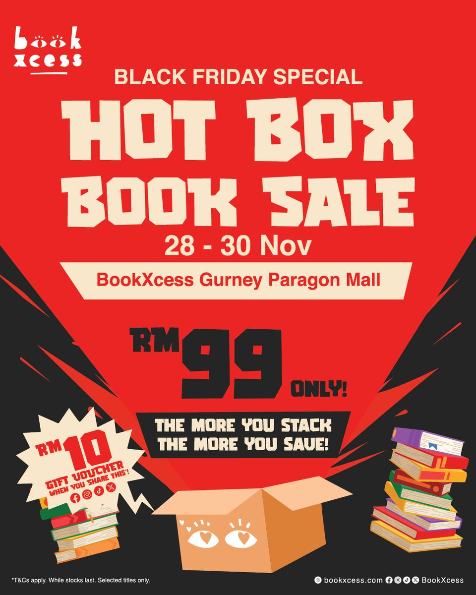 BookXcess's tweet image. Grab Hot Box kami dan sumbatlah sebanyak mana buku yang korang nak. Lepas tu bawa semua balik dengan hanya RM99!

Yes, serius! RM99 je untuk satu kotak! Daripada selected titles kami, semuanya milik korang… asalkan korang boleh tutup kotak tu 😉

Promo ni 3 hari je.  Esok serbu!…